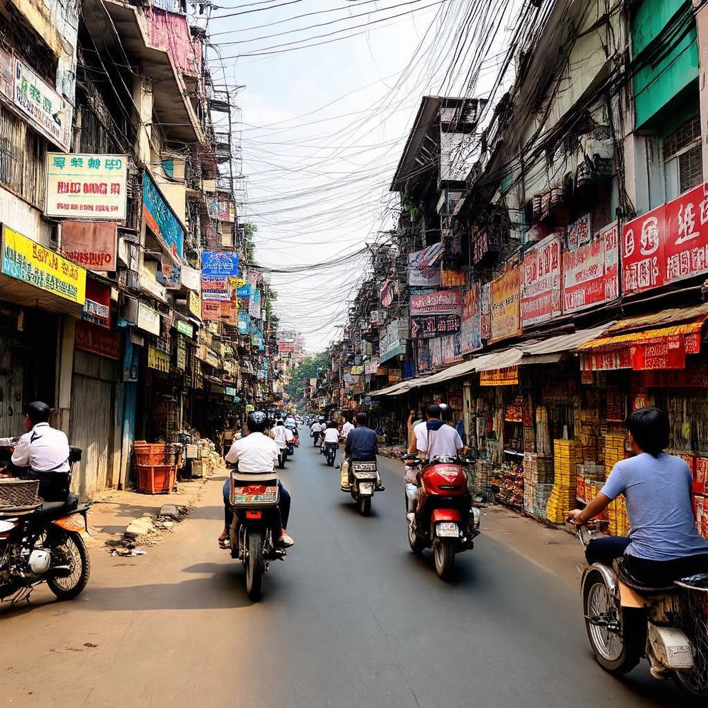 Toàn cảnh Đường Hậu Giang Quận 6 sầm uất với nhiều cửa hàng và phương tiện qua lại.